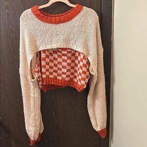 SHEIN Cream and Orange Layered Cropped Knit Sweater